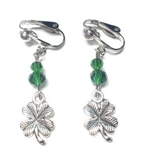 Handmade Silver Color Shamrock Green Clip On Earrings Women St. Patrick’s Day